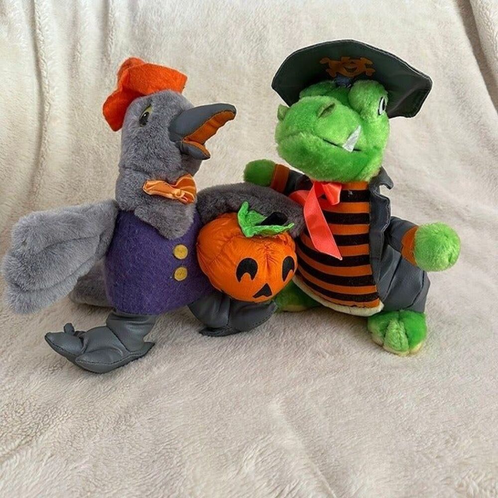 Lot of 2 Vintage Pachinko Palace Halloween Plush 11” Crow Crocodile Parachute
